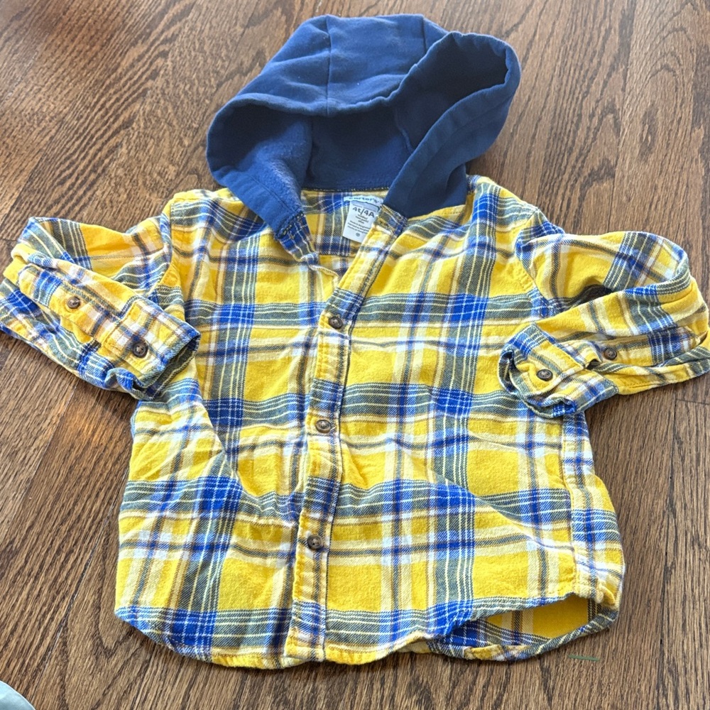 Carter's Yellow and Blue Plaid Button Down Shirt with Hood